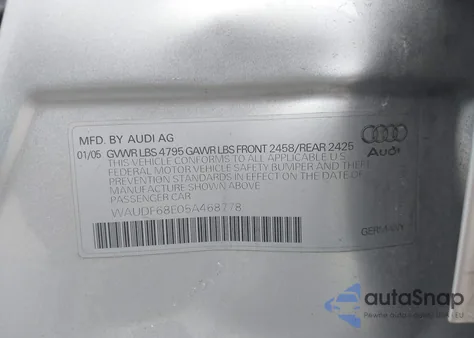 2005 Audi A4 2.0T z USA, uszkodzony, nr VIN WAUDF68E05A468778